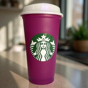 Starbucks Magenta Travel Mug w/ Green Logo & Iridescent Lid EUC